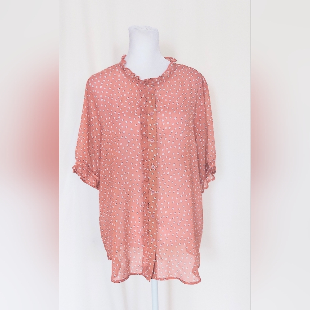 Pleione Anthropologie Short Sleeve Ruffle Trim Blouse Sz Large Polka Dot Print